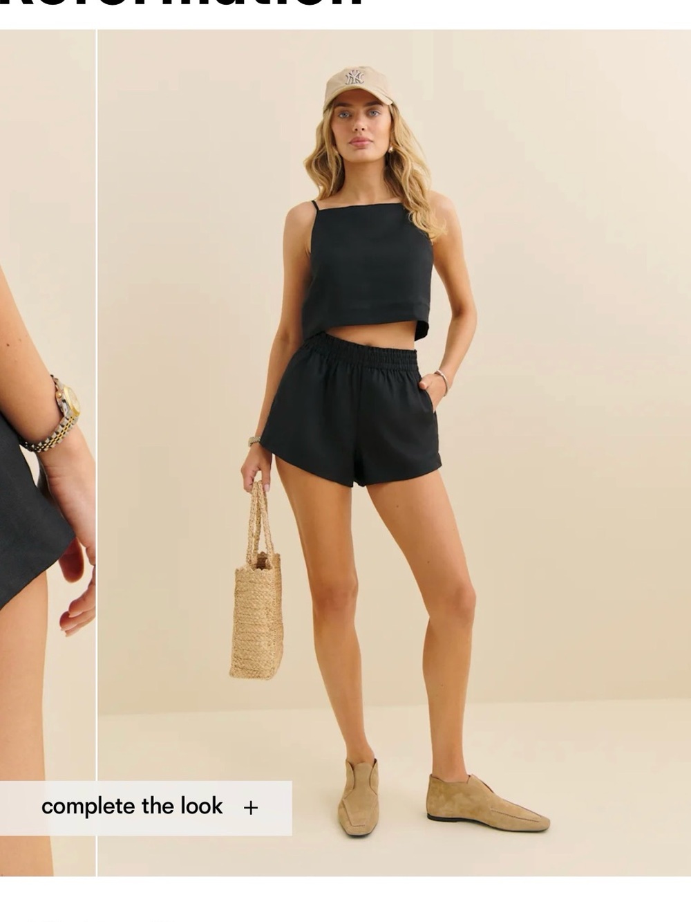 Reformation Mila Linen Black Elastic-Waist Shorts